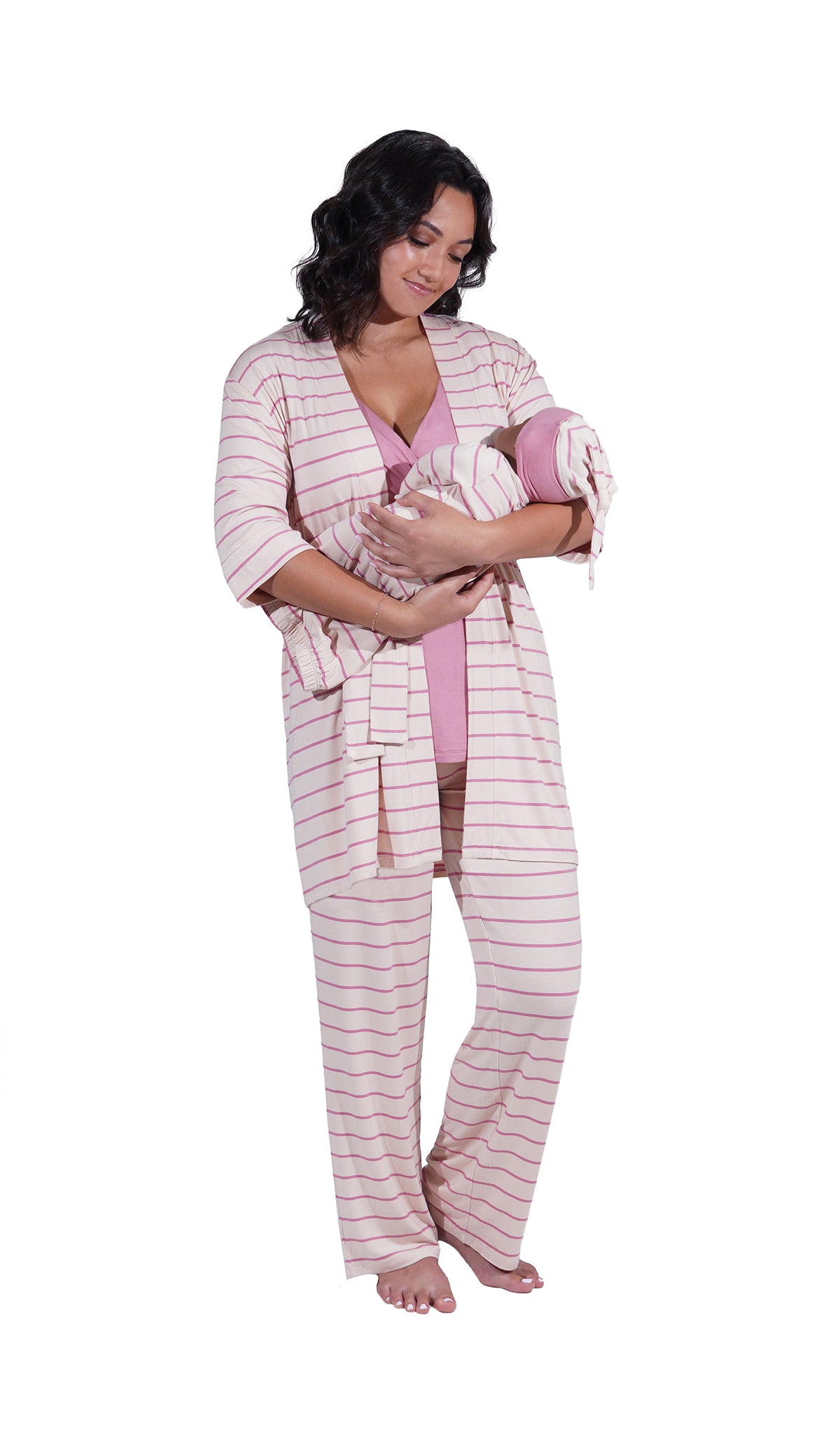 Pink Stripe Analise 5-Piece Set. Woman wearing 3/4 sleeve robe, tank top and pant while holding a baby wearing baby gown and knotted baby hat.