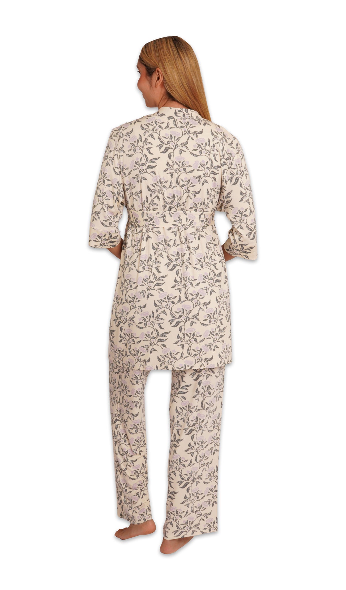 Poppy Analise 3-Piece Set, back shot of woman wearing robe and pant.