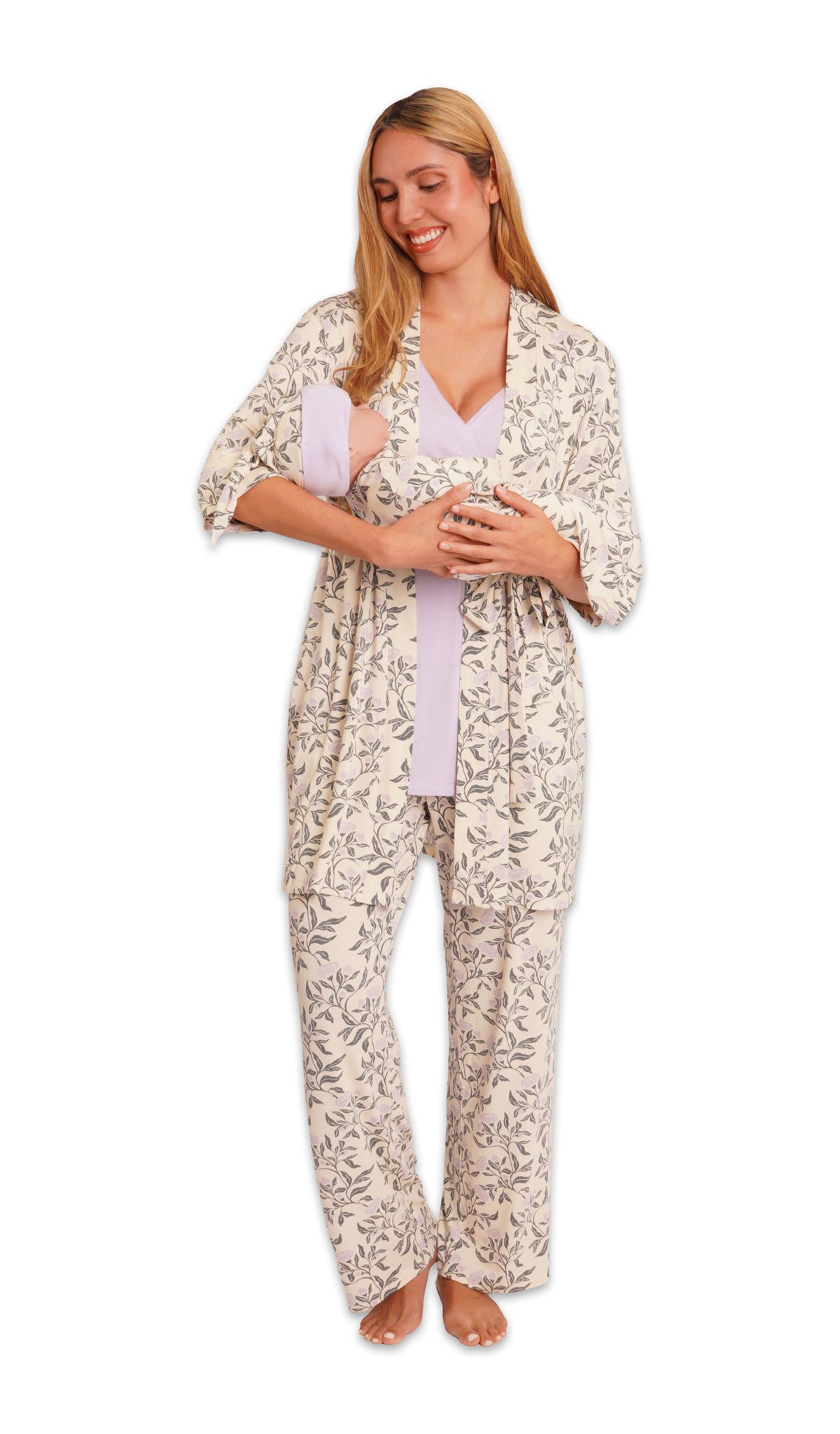 Poppy Analise 5-Piece Set. Woman wearing 3/4 sleeve robe, tank top and pant while holding a baby wearing baby gown and knotted baby hat.