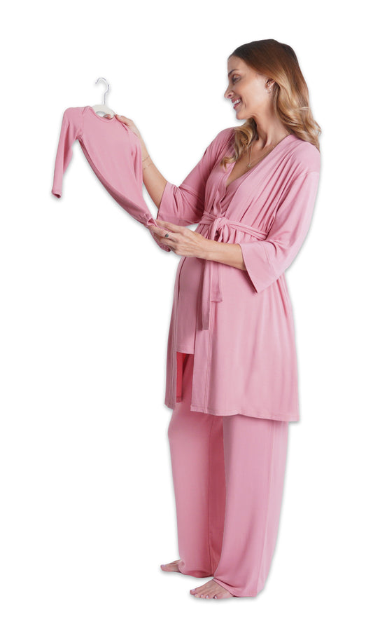 Rose Analise 5-Piece Set. Pregnant woman wearing 3/4 sleeve robe, tank top and pant while holding a baby gown on hanger.