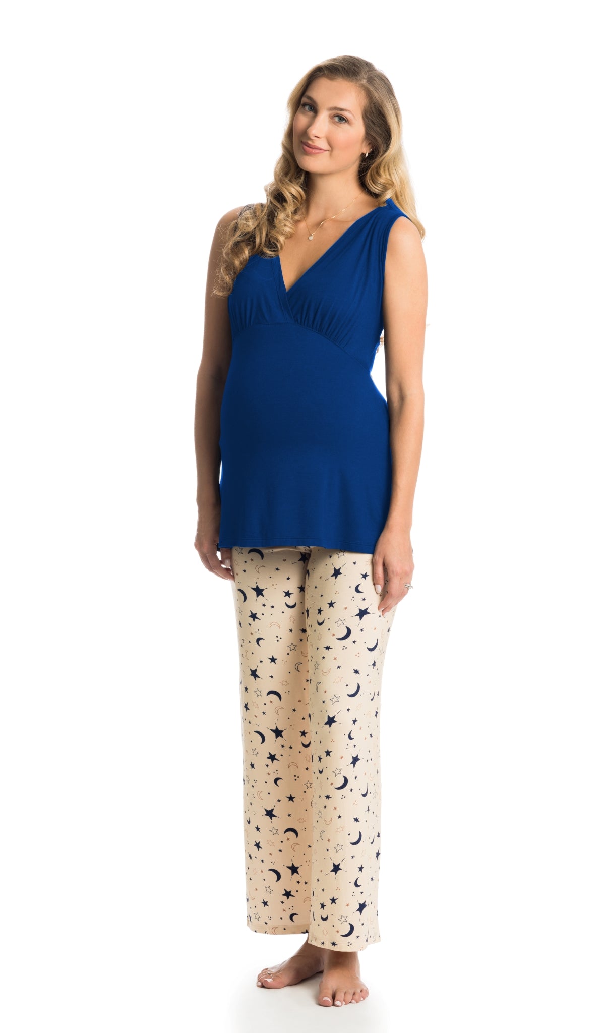 Twinkle Analise 5-Piece Set, pregnant woman wearing criss-cross bust tank top and pant.