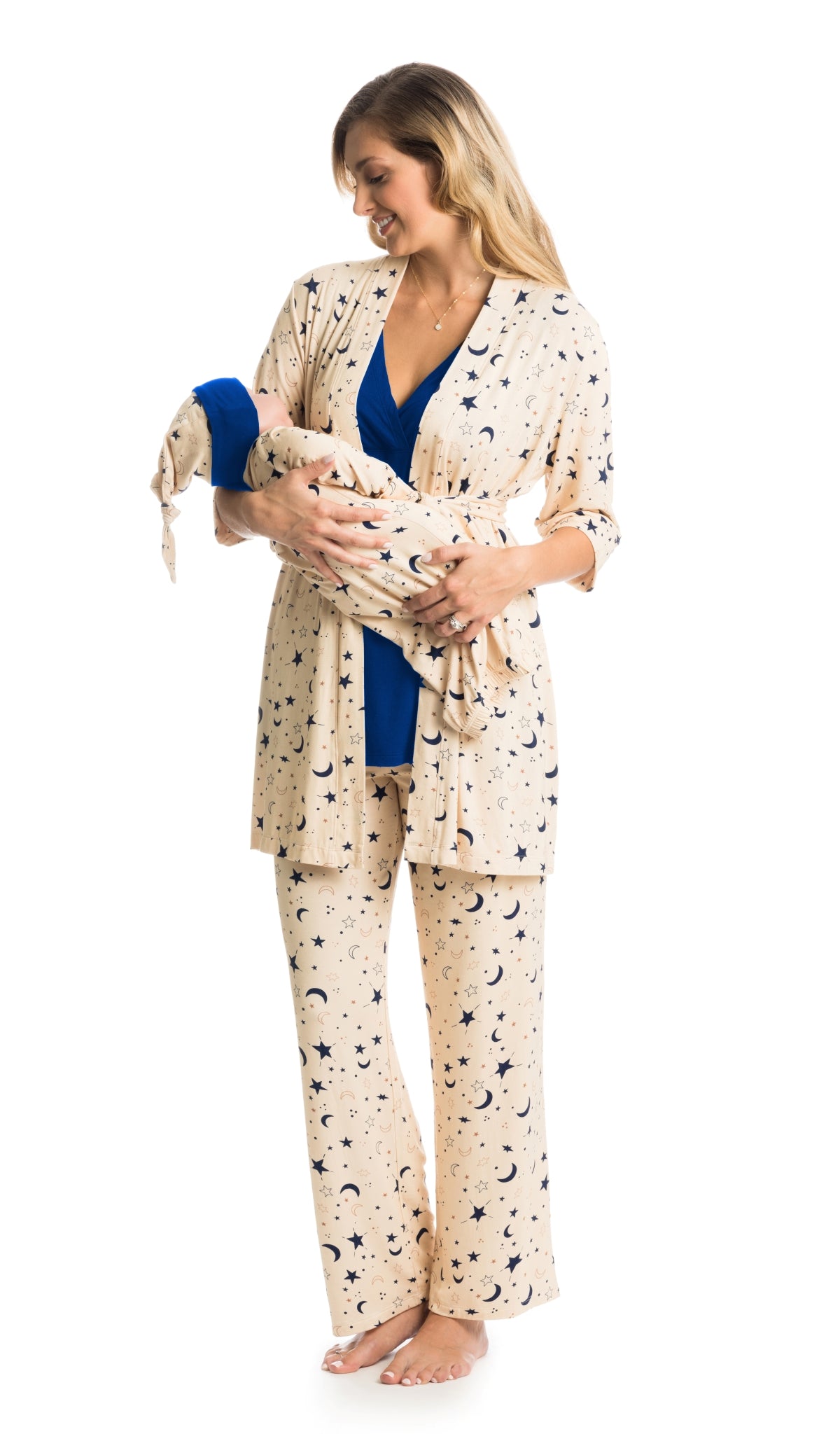 Twinkle Analise 5-Piece Set. Woman wearing 3/4 sleeve robe, tank top and pant while holding a baby wearing baby gown and knotted baby hat.