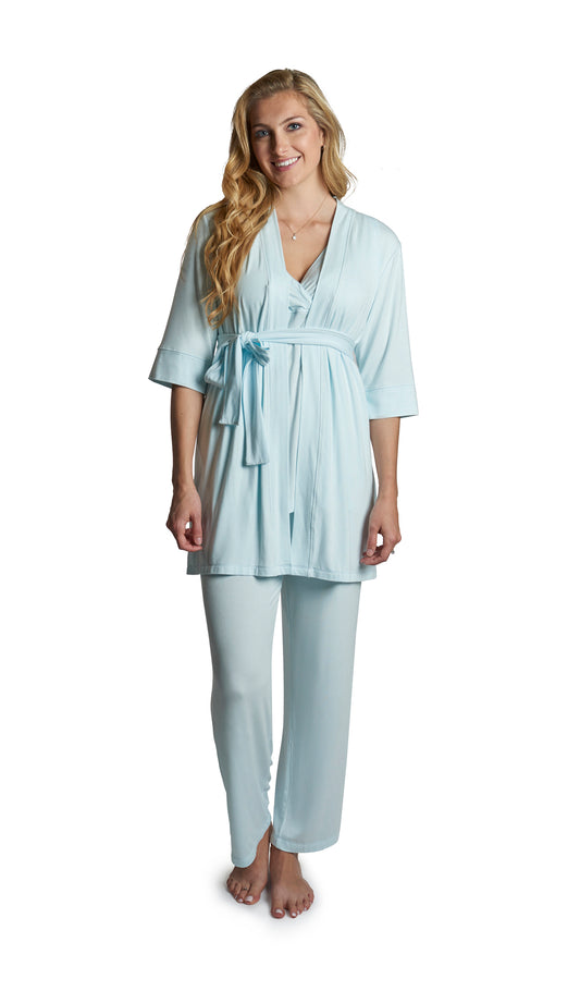 Whispering Blue Analise 3-Piece Set. Woman wearing 3/4 sleeve robe, tank top and pant.