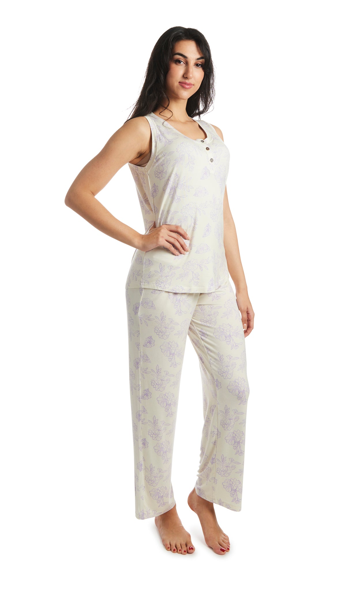 Bali Joy 2-Piece Set. Woman wearing button front placket tank top and pant with one hand resting on hip.