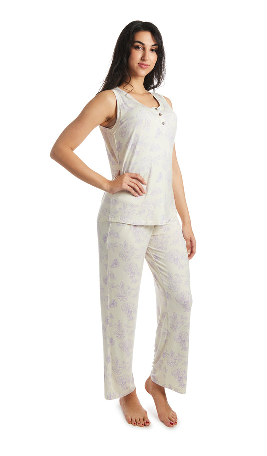 Bali Joy 2-Piece Set. Woman wearing button front placket tank top and pant with one hand resting on hip.