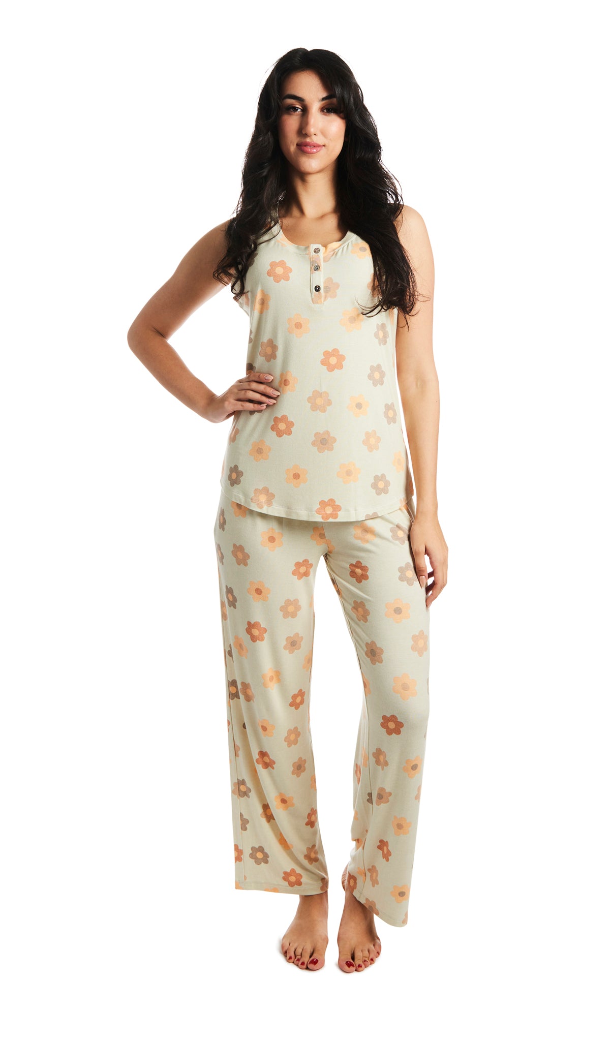 Daisies Joy 2-Piece Set. Woman wearing button front placket tank top and pant with one hand resting on hip.