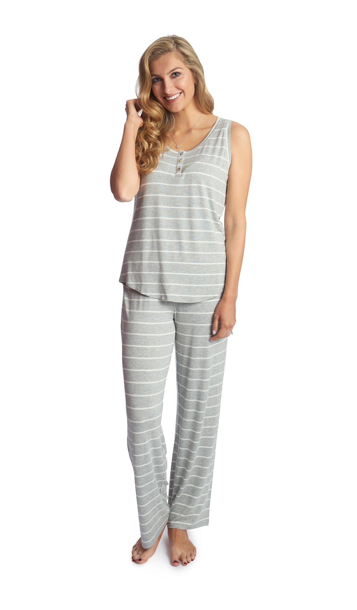 Heather Grey Joy 2-Piece Set. Woman wearing button front placket tank top and pant.