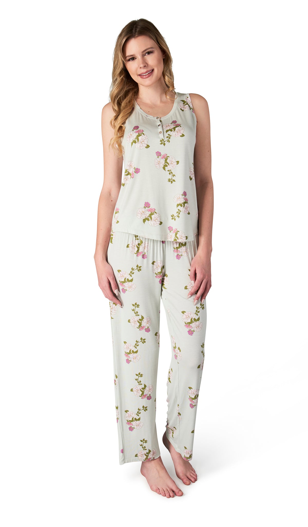 Peony Joy 2-Piece Set. Woman wearing button front placket tank top and pant.