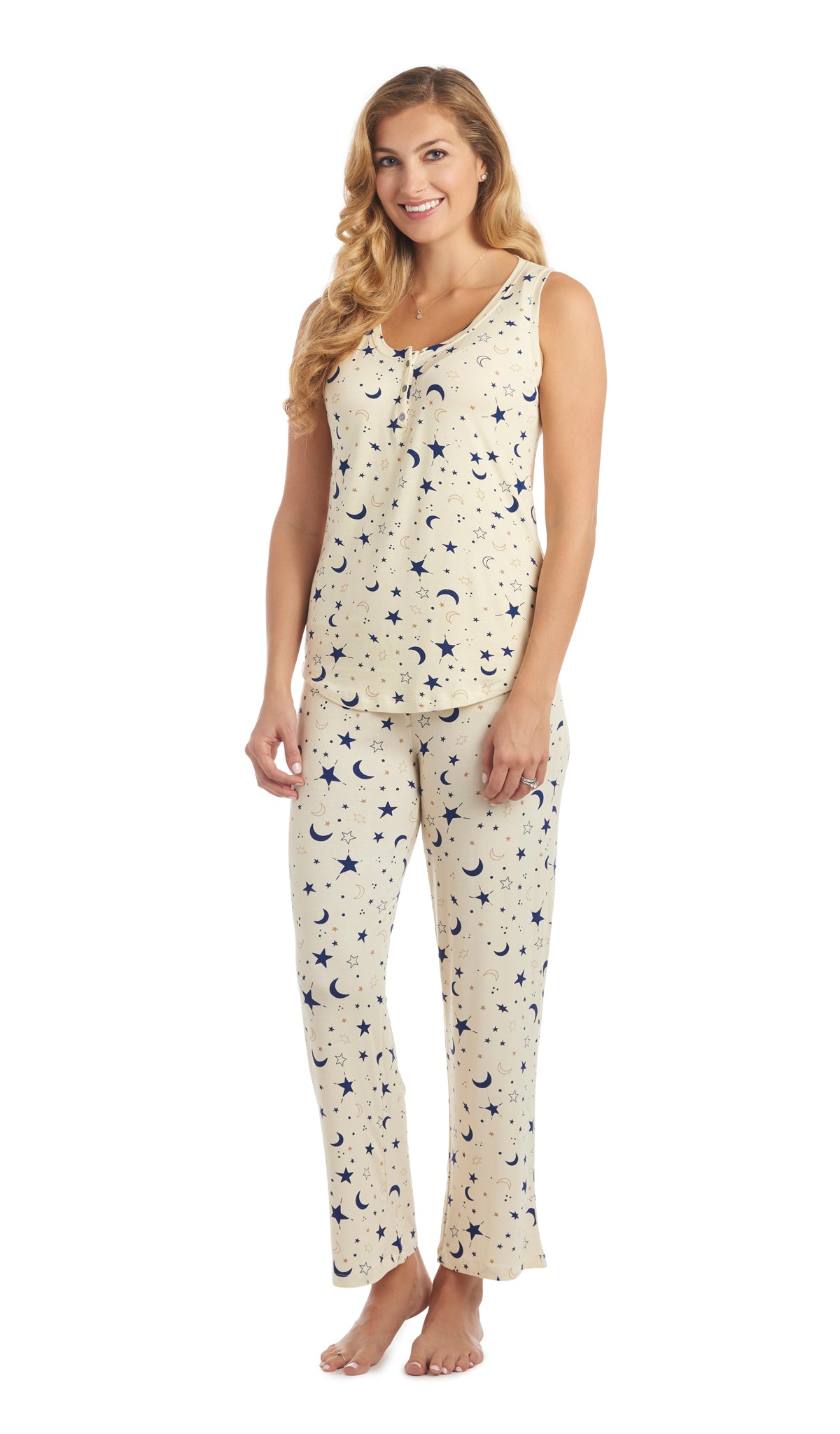 Twinkle Joy 2-Piece Set. Woman wearing button front placket tank top and pant.