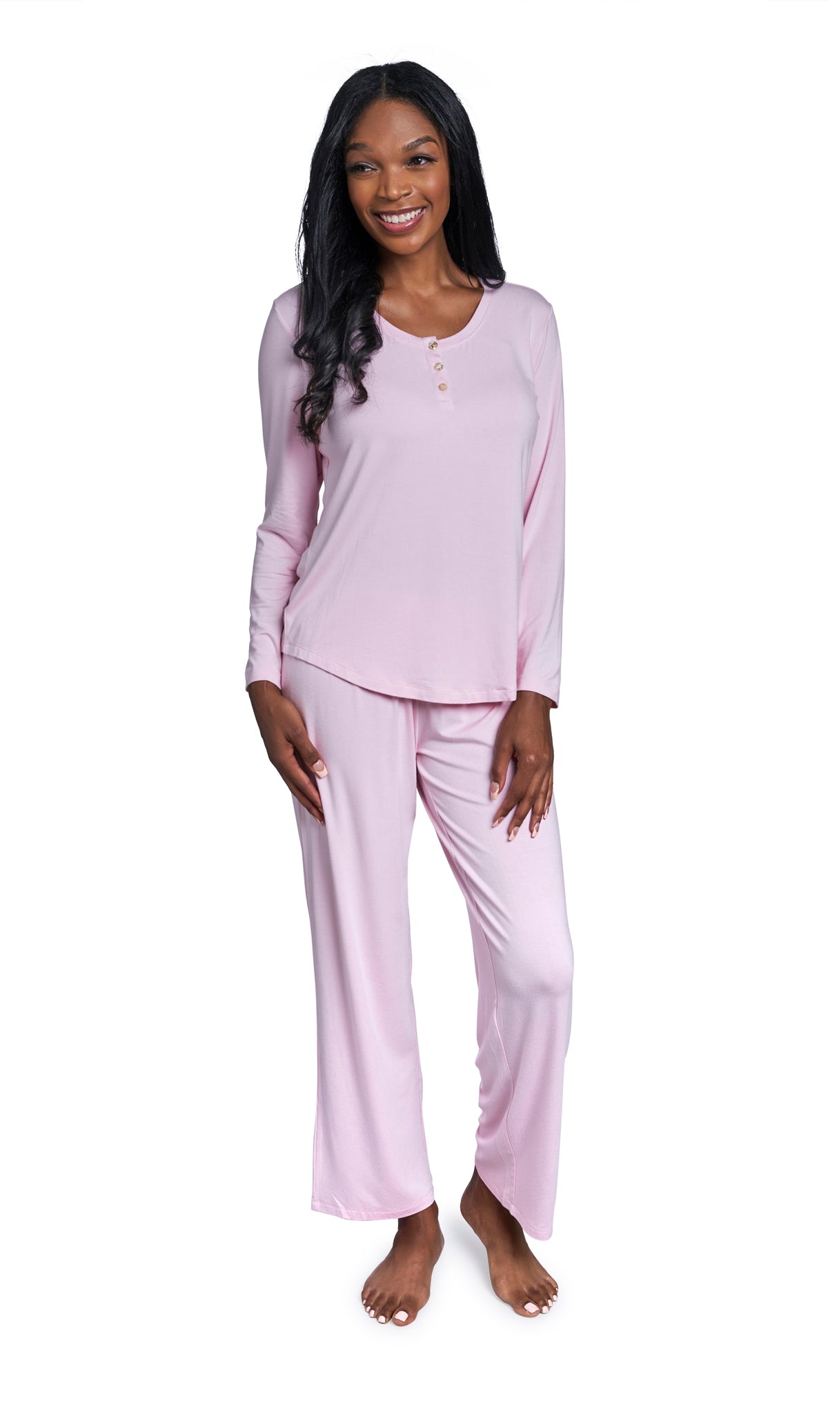 Blush Laina 2-Piece Set. Woman wearing button front placket long sleeve top and pant with hands to side.