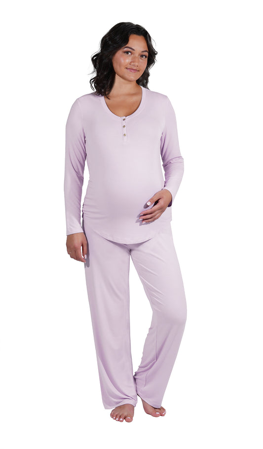 Lavender Laina 2-Piece Set. Pregnant woman wearing button front placket long sleeve top and pant with one hand on belly.