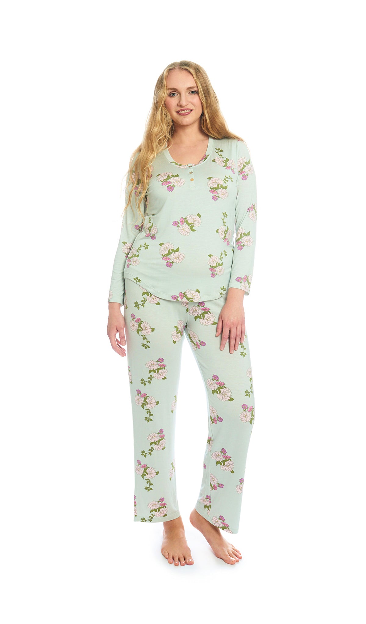 Peony Laina 2-Piece Set. Woman wearing button front placket long sleeve top and pant.