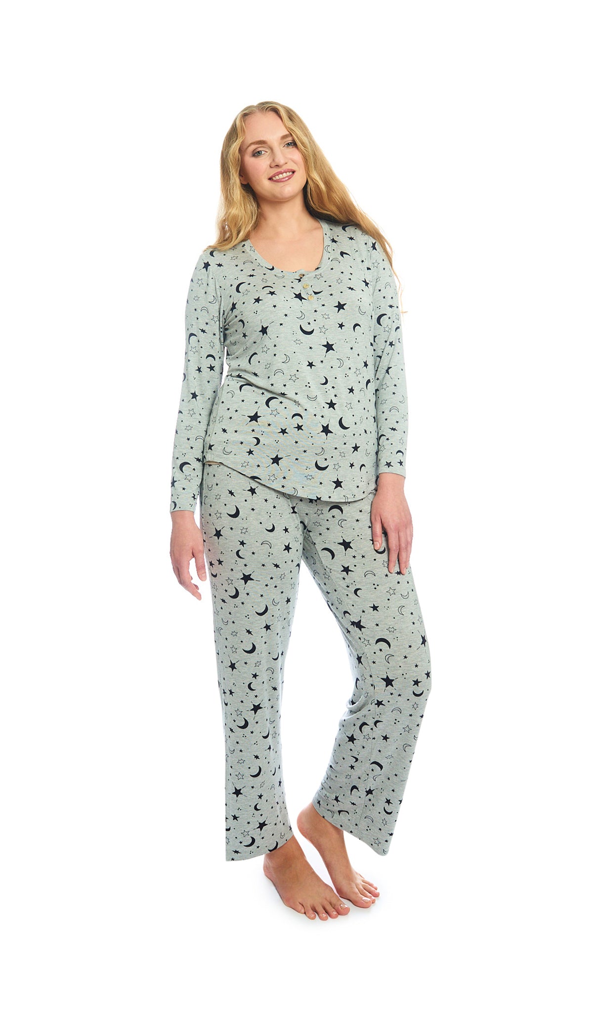 Twinkle Night Laina 2-Piece Set. Woman wearing button front placket long sleeve top and pant.