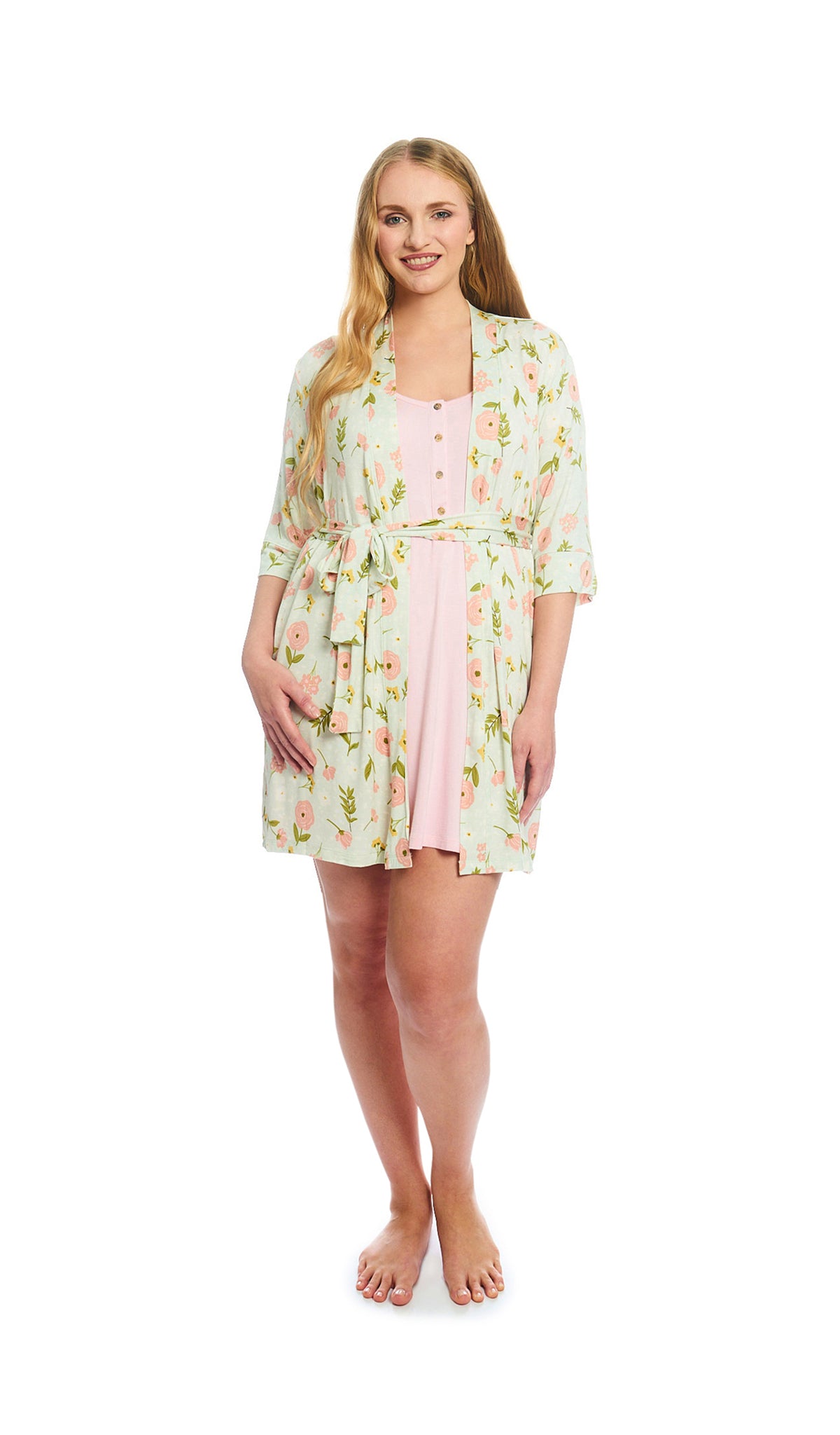 Carnation Carolyn 2-Piece Set. Woman 3/4 sleeve robe and short sleeve button front placket nightgown.