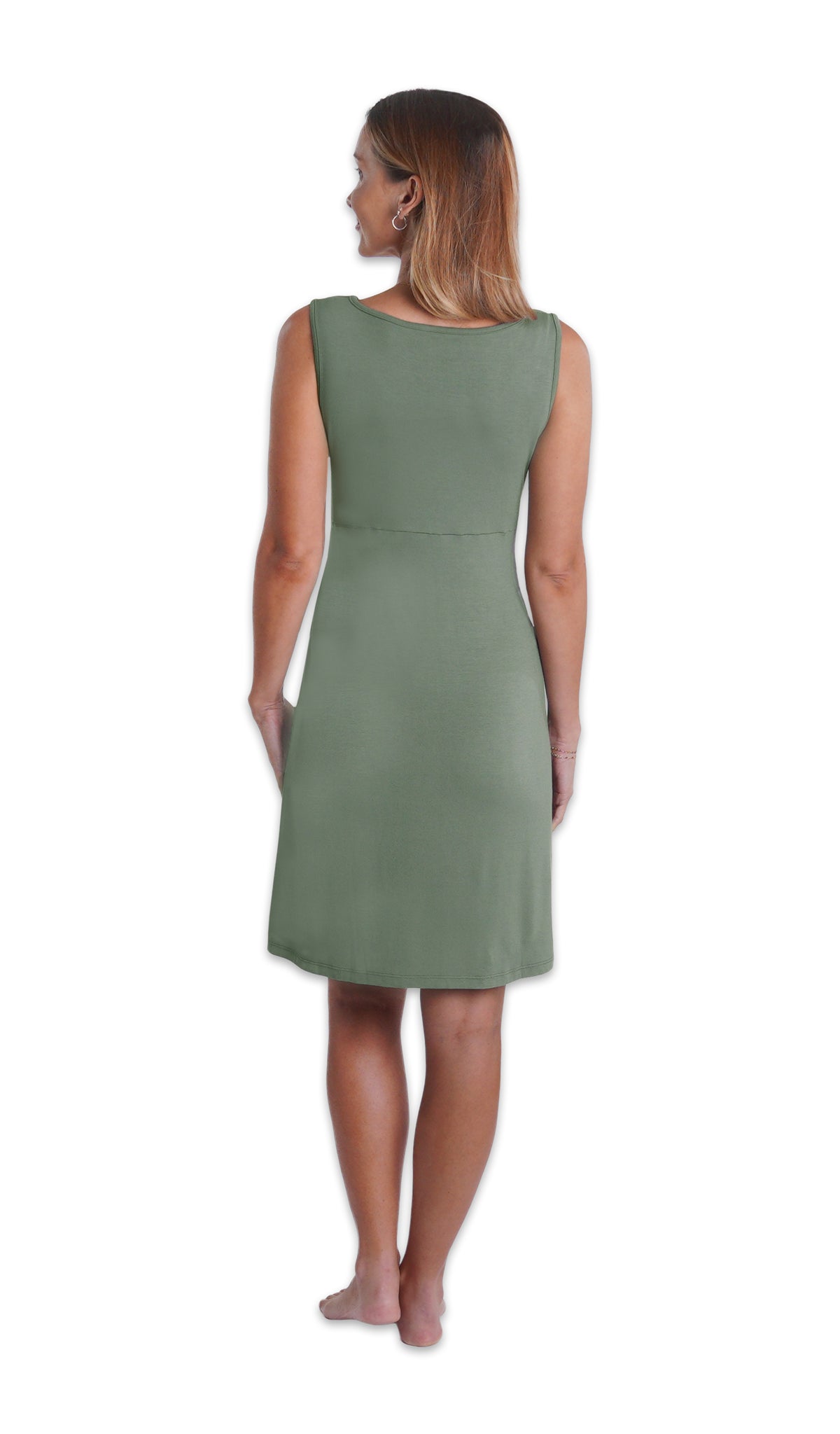Basil Evie Nightgown. Back shot of woman wearing sleeveless knee length nightgown gown.