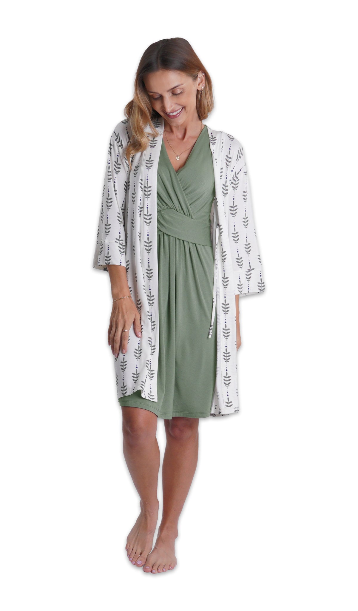 Basil Evie Nightgown. Woman wearing Eucalyptus printed robe over Evie nightgown.