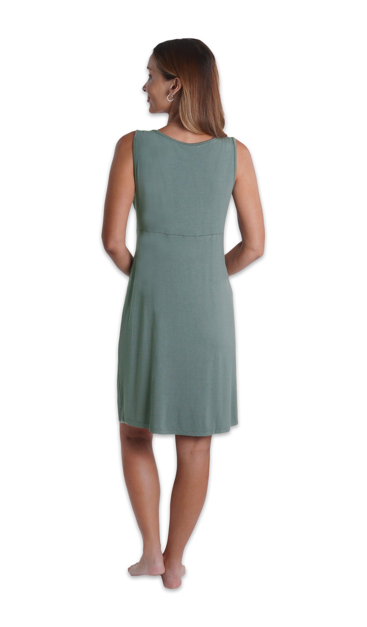 Fog Evie Nightgown. Back shot of woman wearing sleeveless knee length nightgown gown.