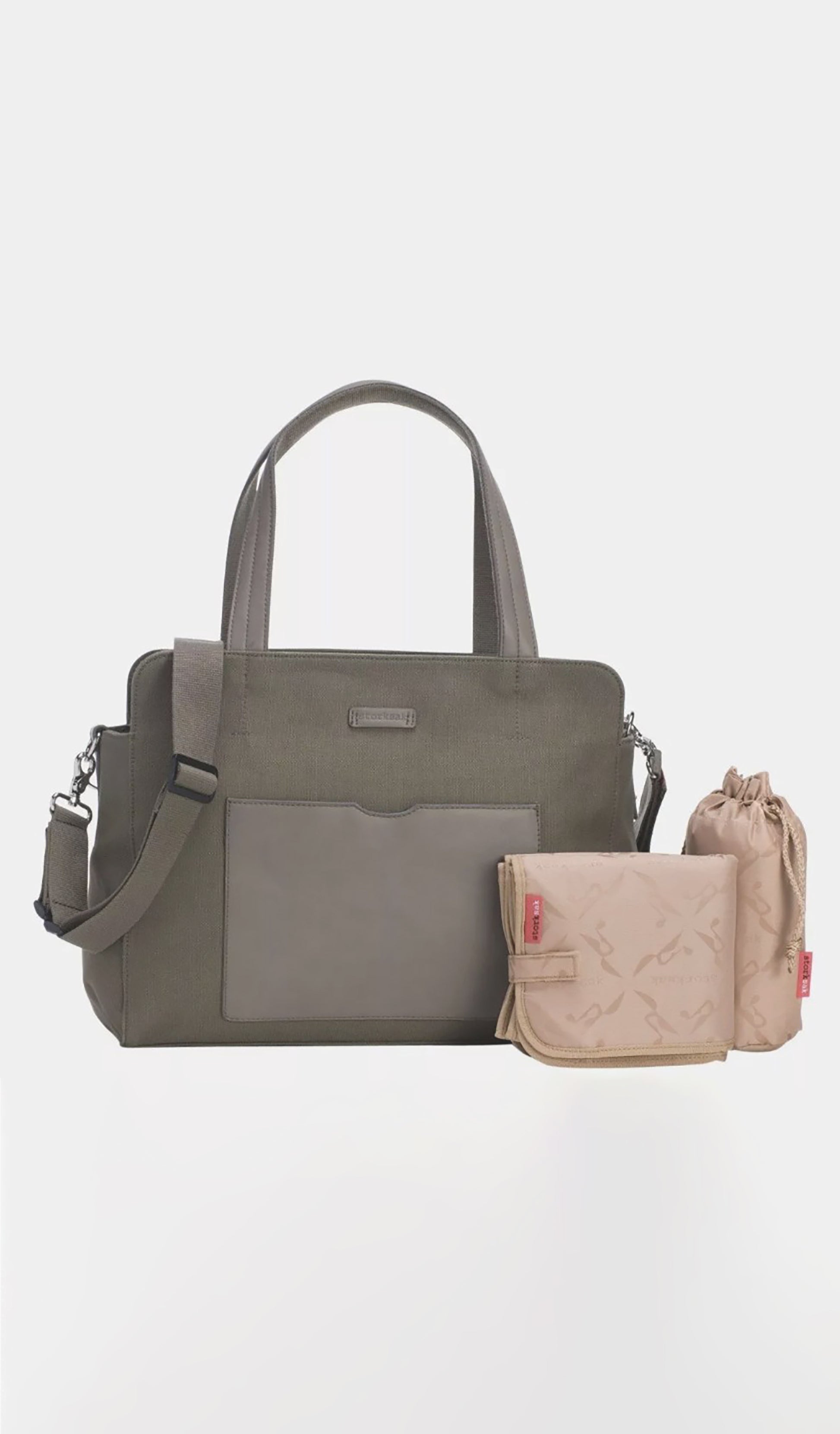 Storksak Juliette Diaper Bag Moss shown with changing mat and insulated bottle holder.