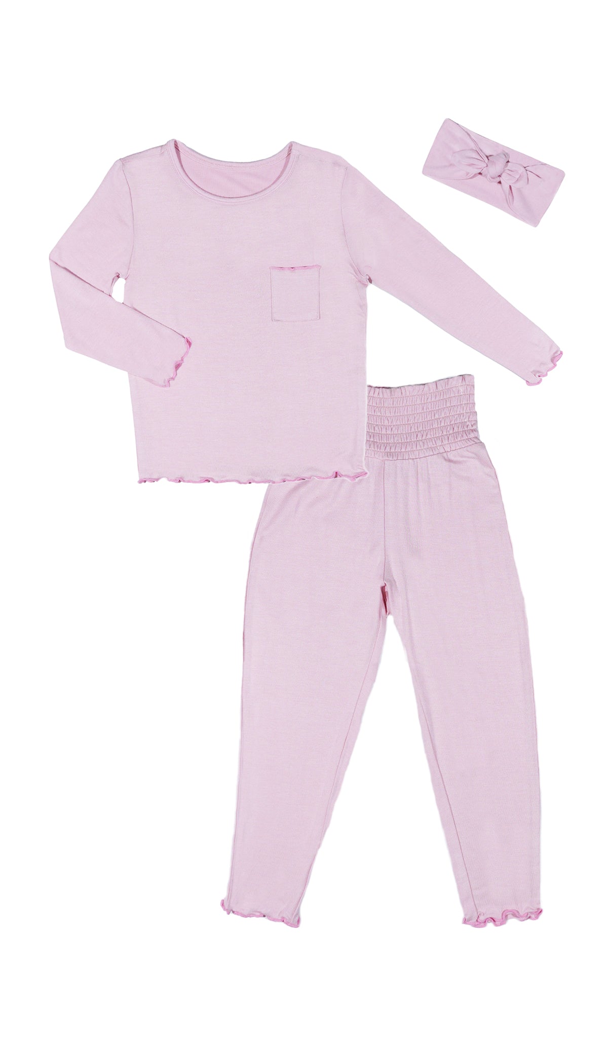 Blush Charlie Kids 3-Piece Pant PJ. Long sleeve top with smocked waistband pant and matching headwrap. Lettuce trim detail on sleeve edge, top and pant hem.