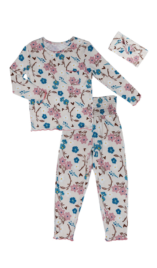 Magnolia Charlie Kids 3-Piece Pant PJ. Long sleeve top with smocked waistband pant and matching headwrap. Lettuce trim detail on sleeve edge, top and pant hem.