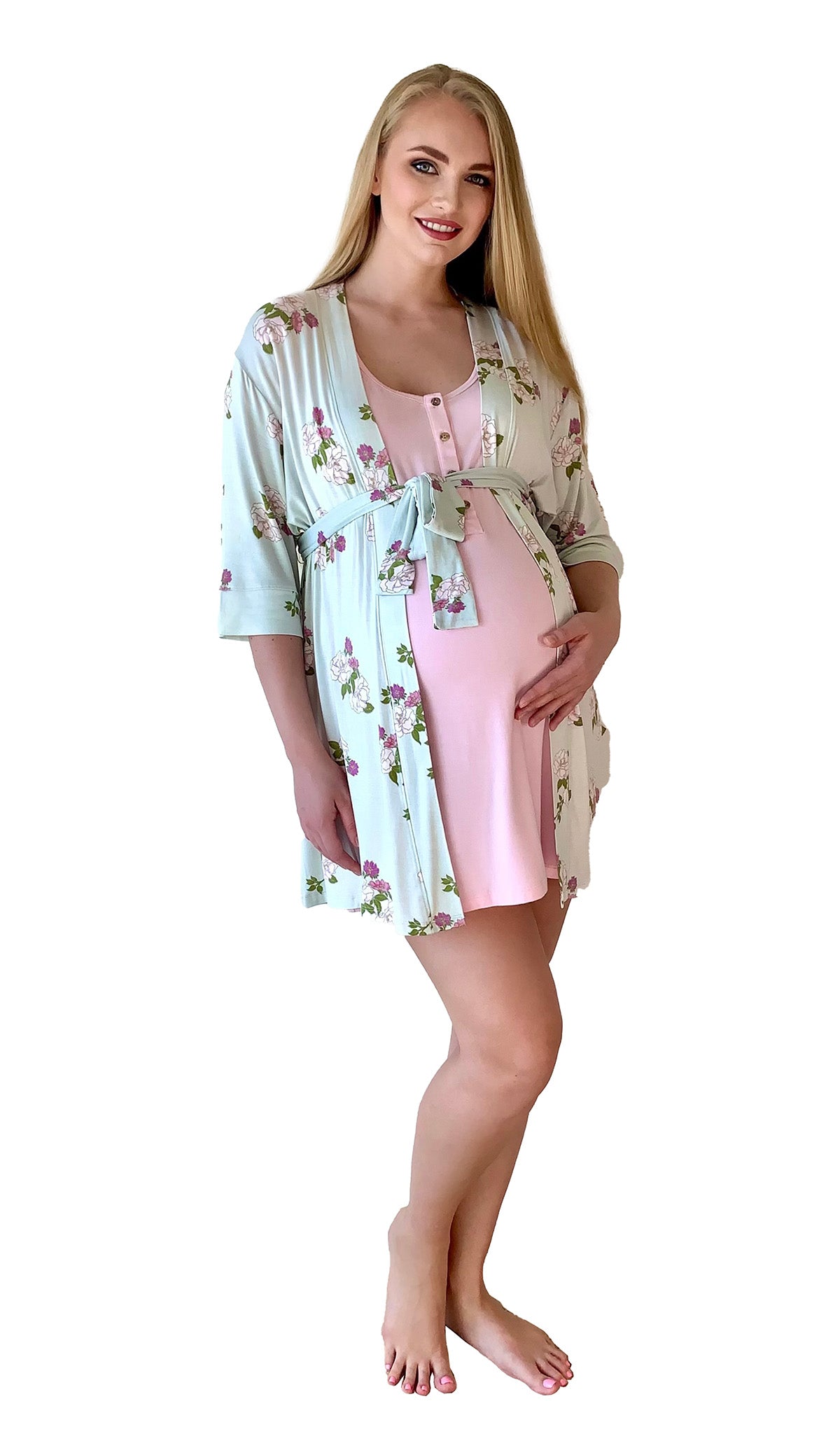 Peony Carolyn 2-Piece Set, pregnant woman wearing short sleeve nightgown with robe over it.