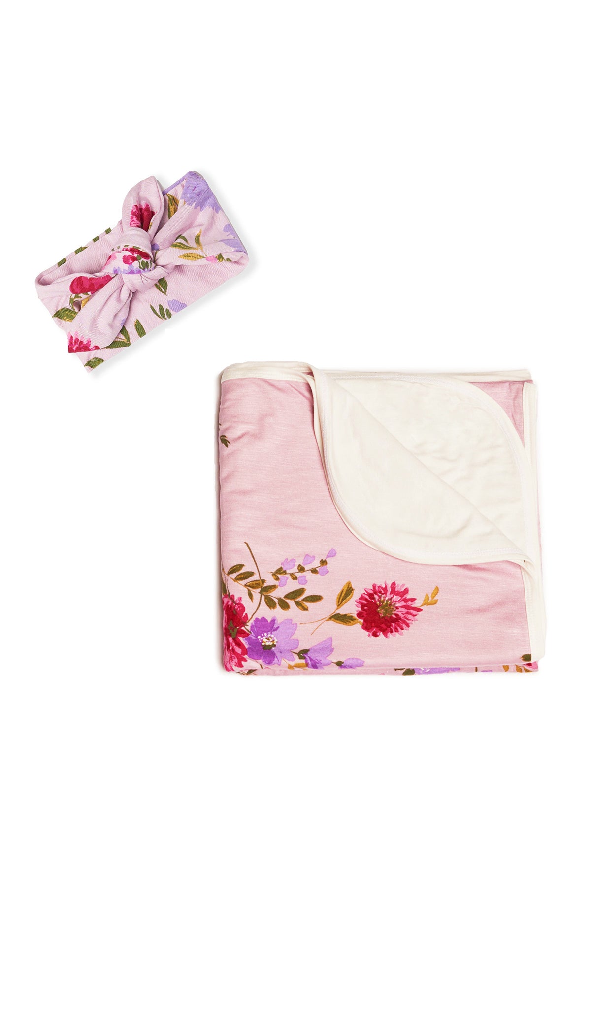 Swaddle & Headwrap Set - Dusty Rose. Flat shot of the floral blanket folded and laying next to headwrap in matching print.