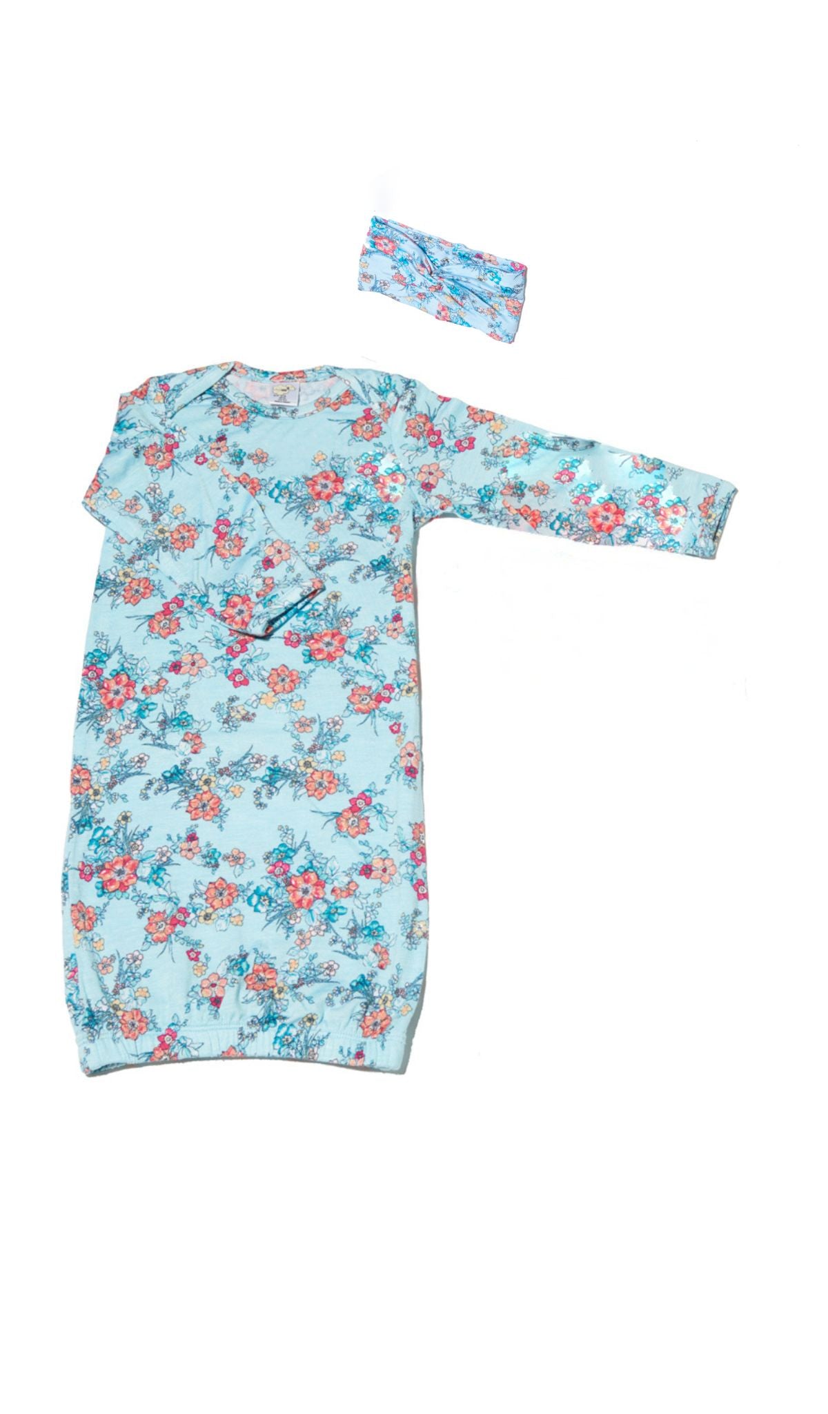 Baby Gown 2-Piece Azure Mist flat shot of baby gown and matching headwrap in floral print.