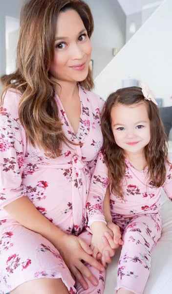 Blossom Analise 3-Piece Set, woman wearing robe with girl in matching Charlie pajama set.