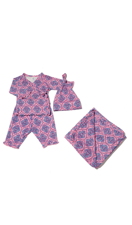 India Floral Baby's Ruffle Take-Me-Home 4 Piece set flat shot showing long sleeve kimono top and pant with ruffle trim, matching knotted baby hat and blanket folded into a square.