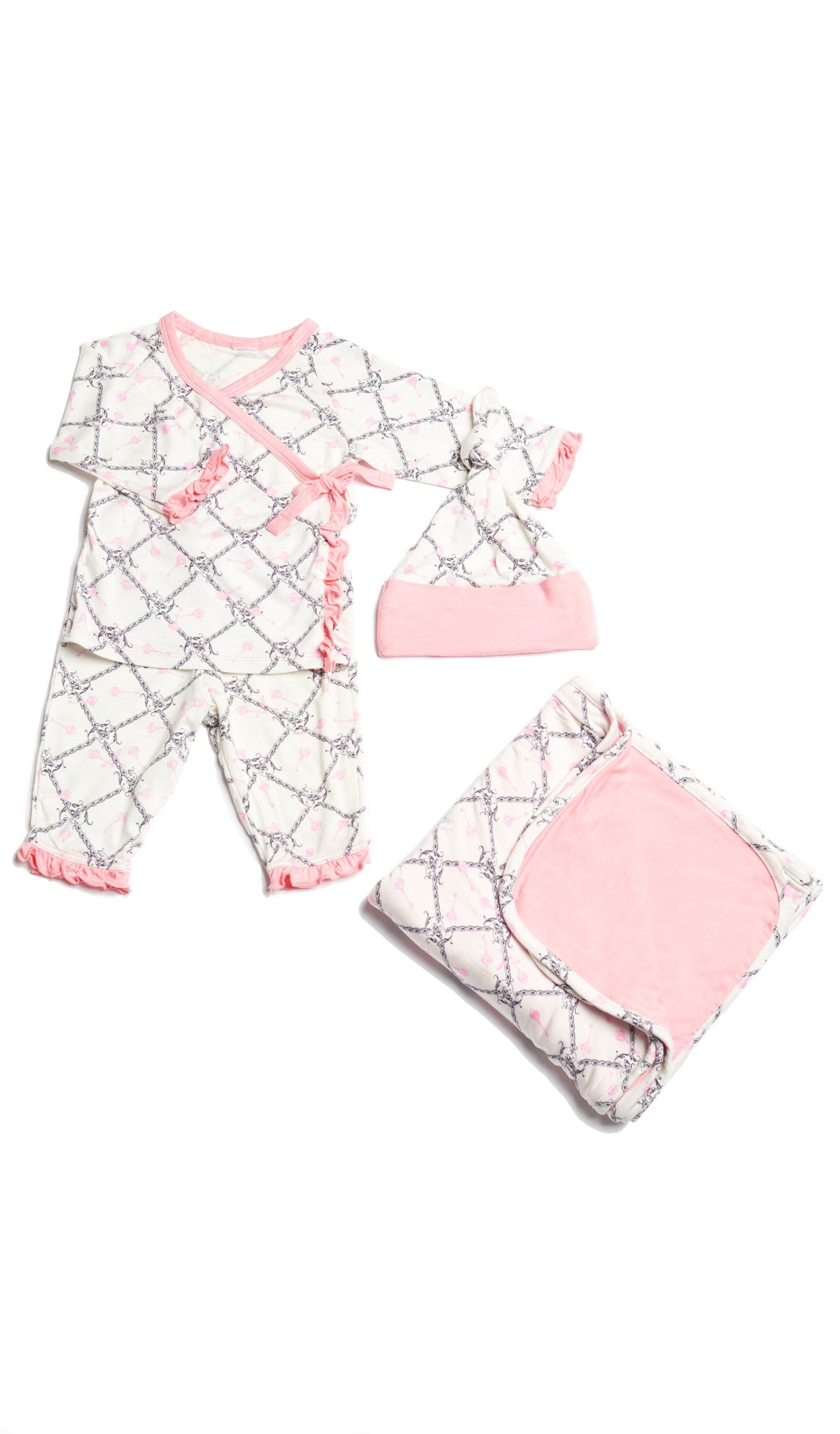 Duchess Baby's Ruffle Take-Me-Home 3 Piece set flat shot showing long sleeve kimono top and pant with ruffle trim, and matching knotted baby hat..  Matching blanket folded into a square is sold separately.