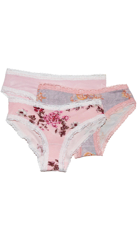 Blossom Kayla Kids 3-Pack Underwear flat shot showing blossom print, boho print, and solid blush pink underwear.