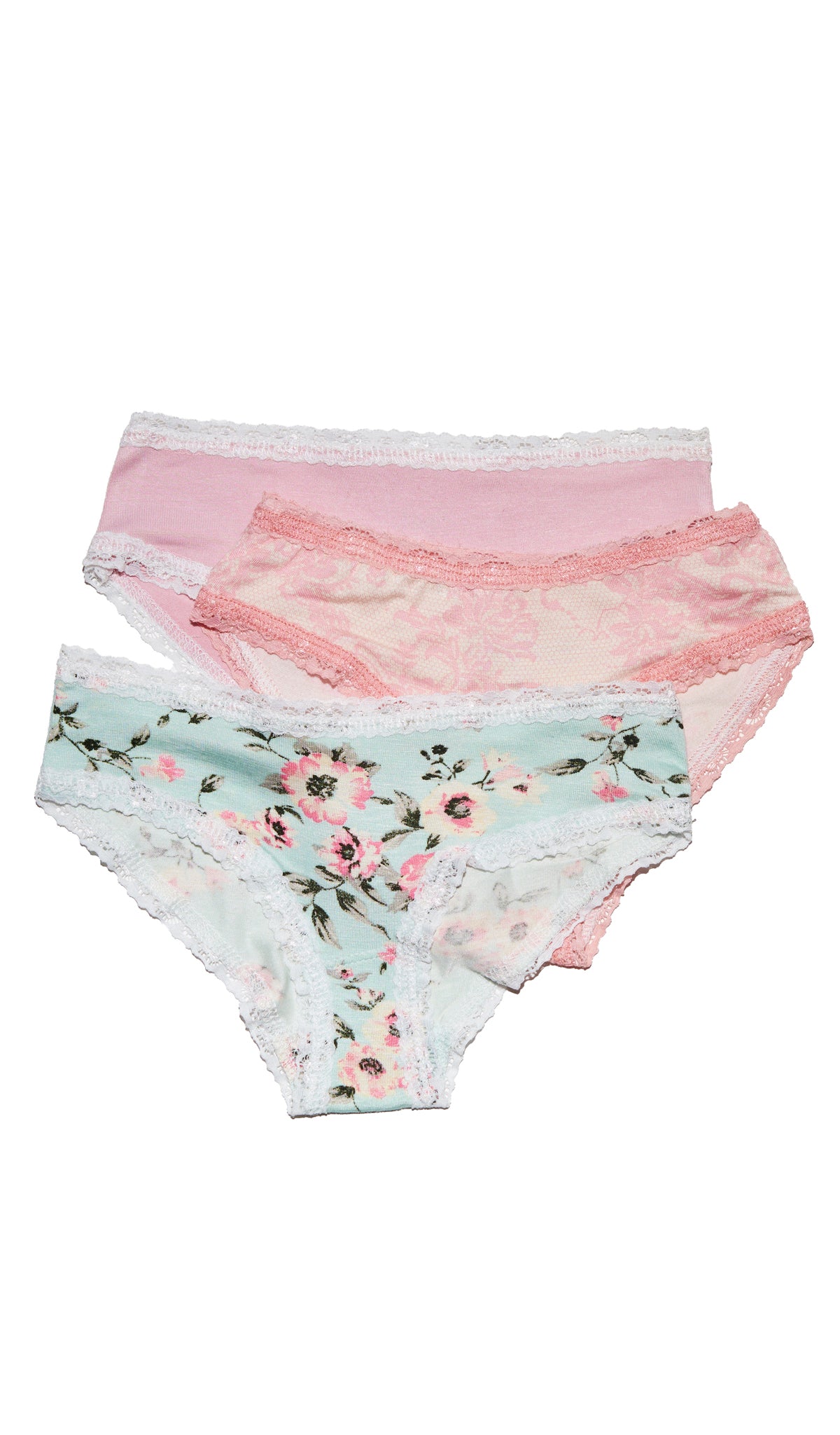 Cloud Blue Kayla Kids 3-Pack Underwear flat shot showing Cloud Blue print, pink chantilly print, and solid blush pink underwear.
