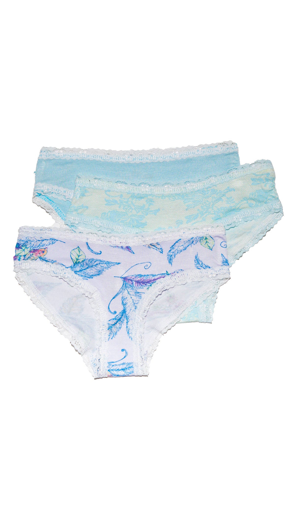 Sparrow Kayla Kids 3-Pack Underwear flat shot showing Sparrow print, blue chantilly print, and solid light blue underwear.
