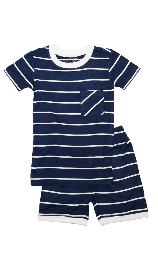 Navy Aydenne Kids 2-Piece Short PJ. Short sleeve top with front patch pocket.  Matching shorts with cuff trim and elastic waistband.
