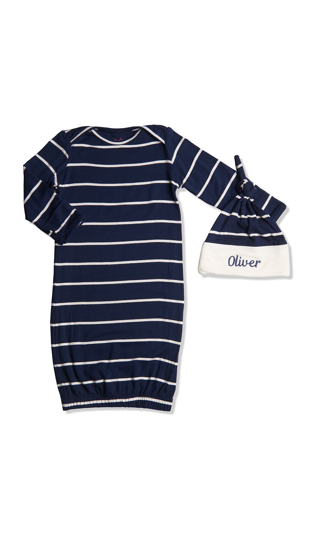 Navy Analise 5-Piece Set, gown and embroidered knotted hat for baby.