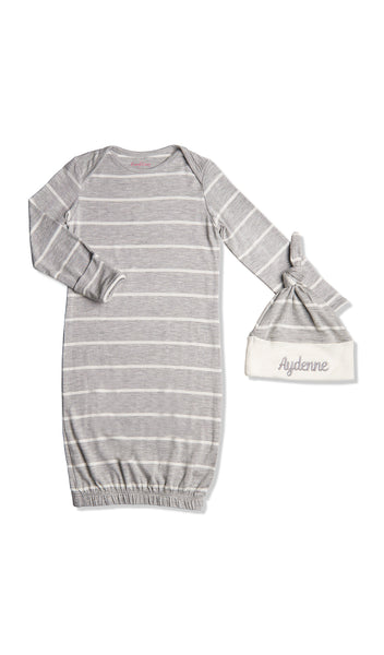 Heather Grey Analise 5-Piece Set, gown and embroidered knotted hat for baby.