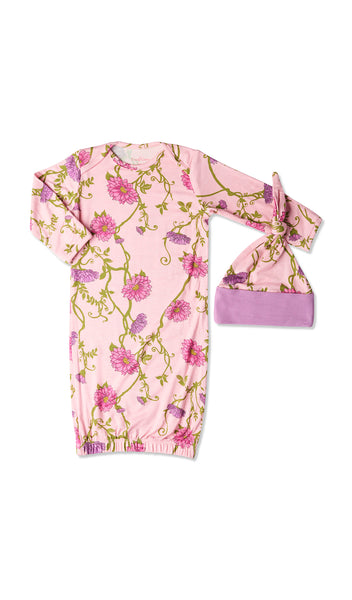 Dahlia Adaline 5-Piece Set, gown and knotted hat for baby.