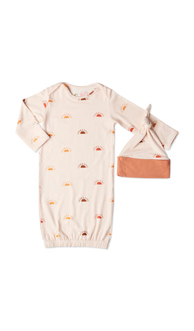 Sunrise Gown 2-Piece with long sleeve baby gown and matching knotted hat.