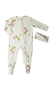 Peony Footie 2-Piece Set. Flat shot of zip front footie for baby with matching headwrap tied into a tie-knot bow.