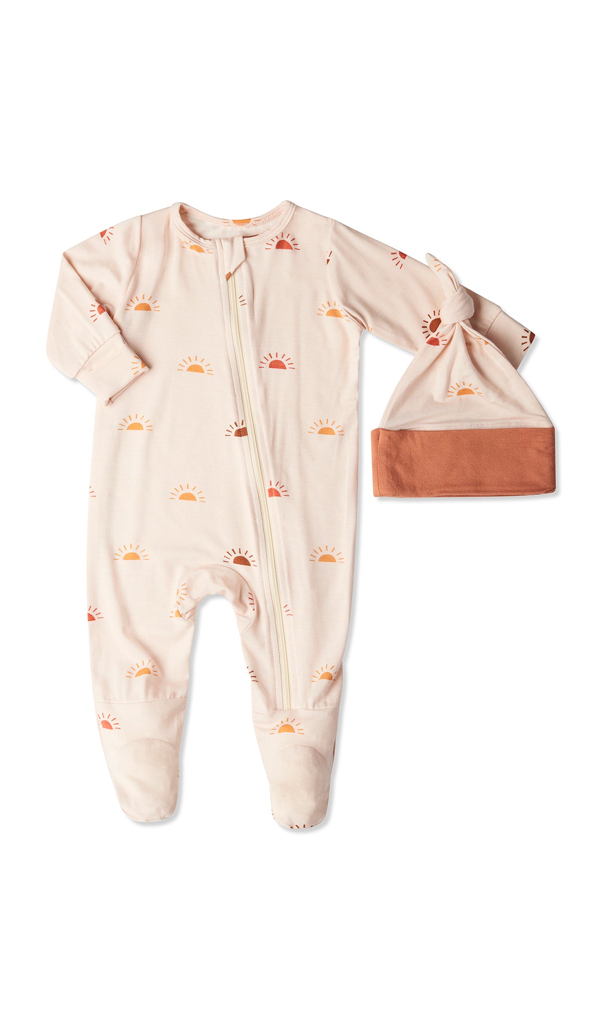Sunrise Footie 2-Piece with long sleeves, zip front and matching knotted baby hat.