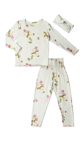 Peony Charlie Kids 3-Piece Pant PJ. Long sleeve top with smocked waistband pant and matching headwrap. Lettuce trim detail on sleeve edge, top and pant hem.
