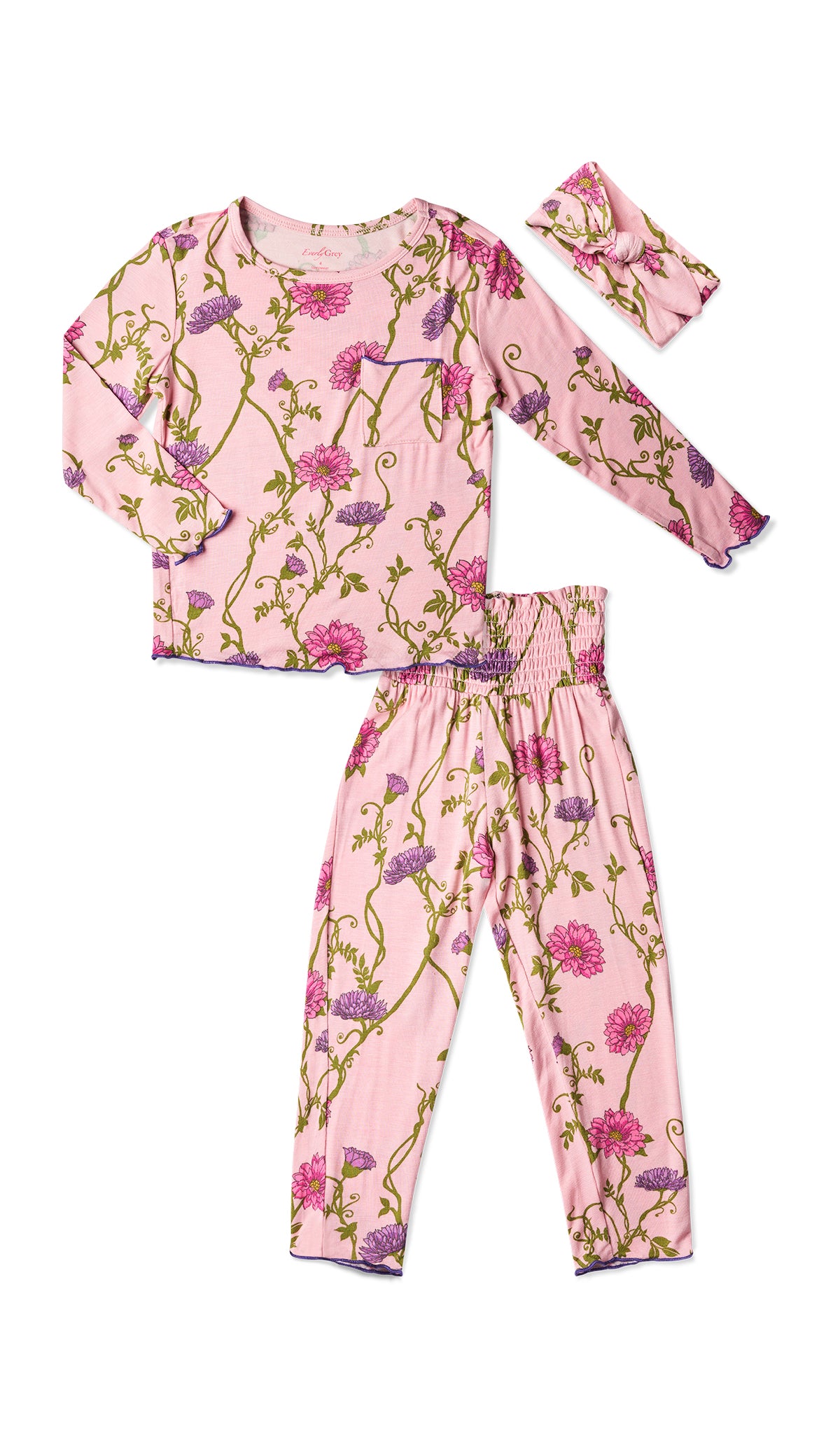 Dahlia Charlie Kids 3-Piece Pant PJ. Long sleeve top with smocked waistband pant and matching headwrap. Lettuce trim detail on sleeve edge, top and pant hem.