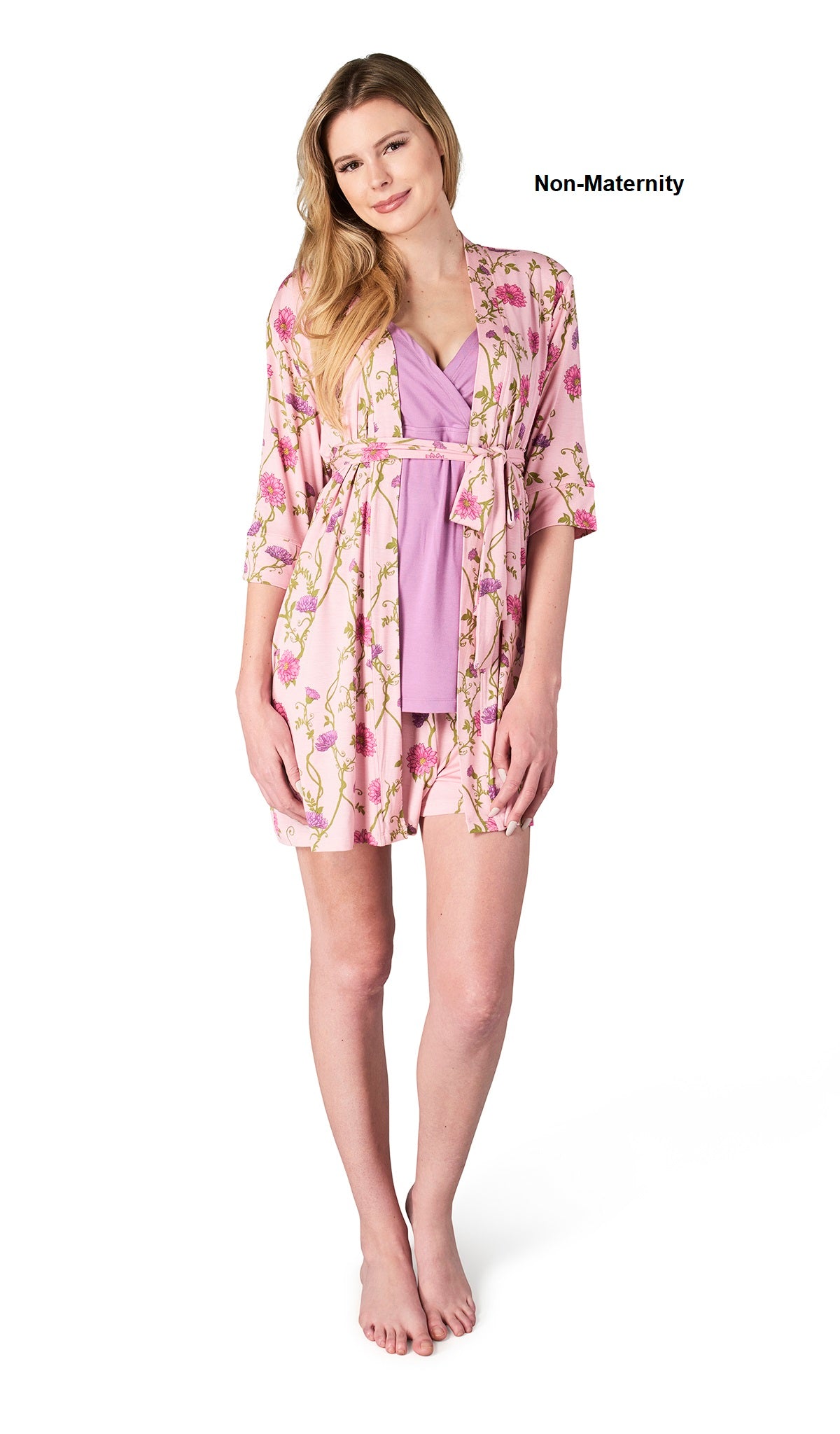 Dahlia Adaline 3-Piece Set. Woman wearing 3/4 sleeve robe, tank top and short as non-maternity.