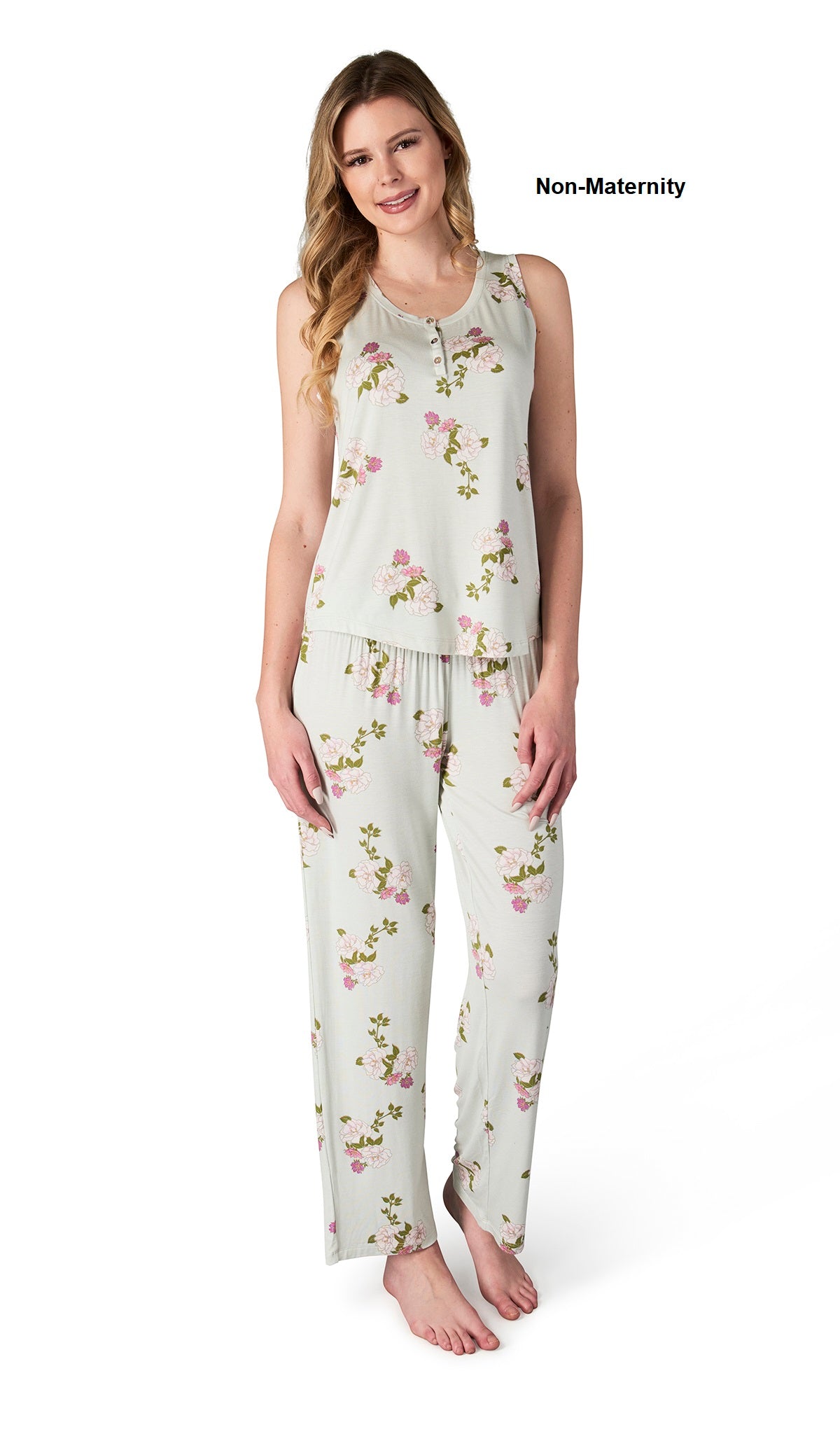 Peony Joy 2-Piece Set. Woman wearing button front placket tank top and pant as non-maternity.