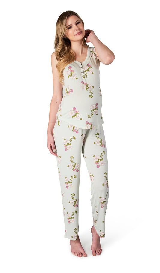Peony Joy 2-Piece Set. Pregnant woman wearing button front placket tank top and pant.