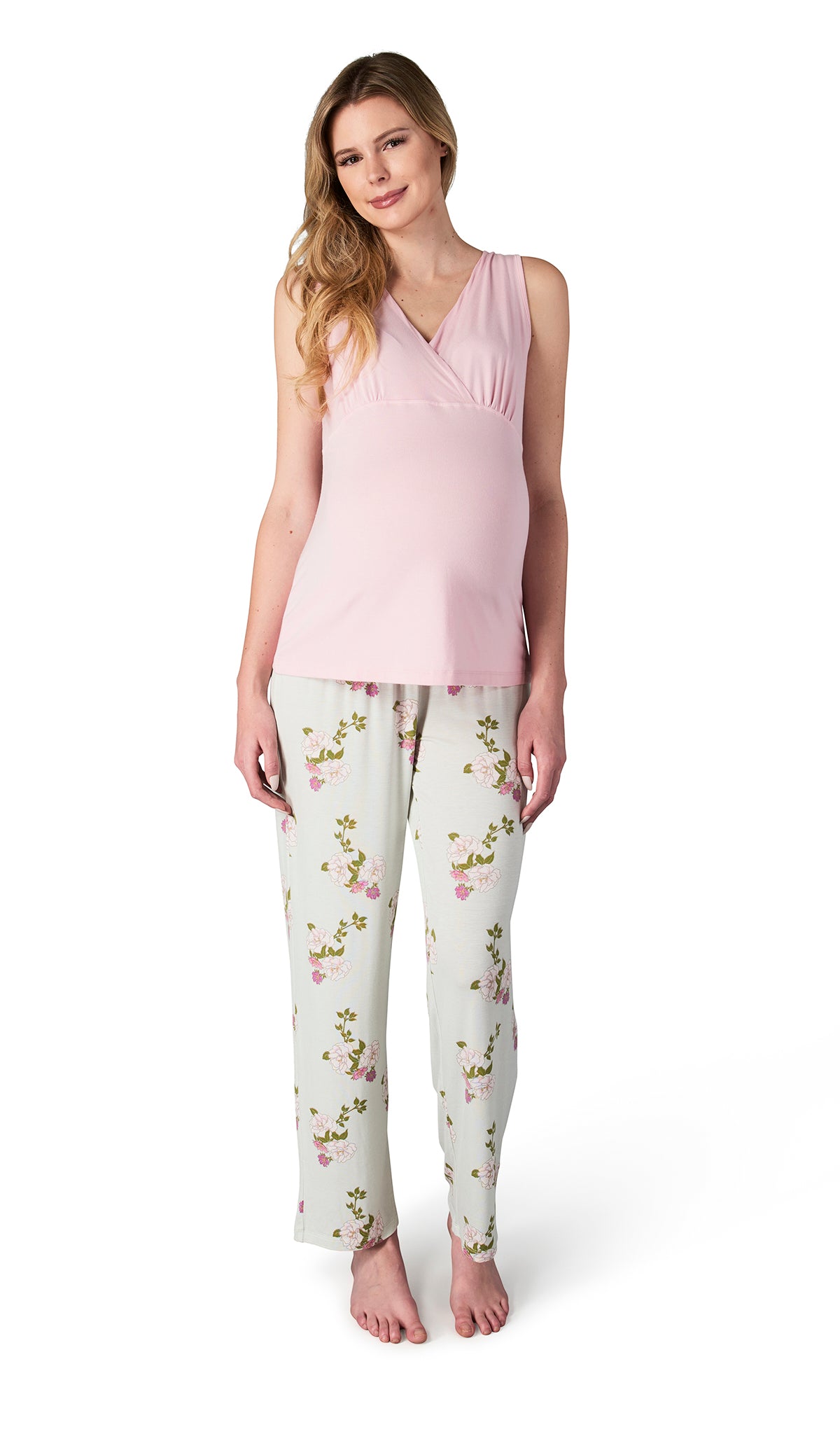 Peony Analise 5-Piece Set, pregnant woman wearing criss-cross bust tank top and pant.