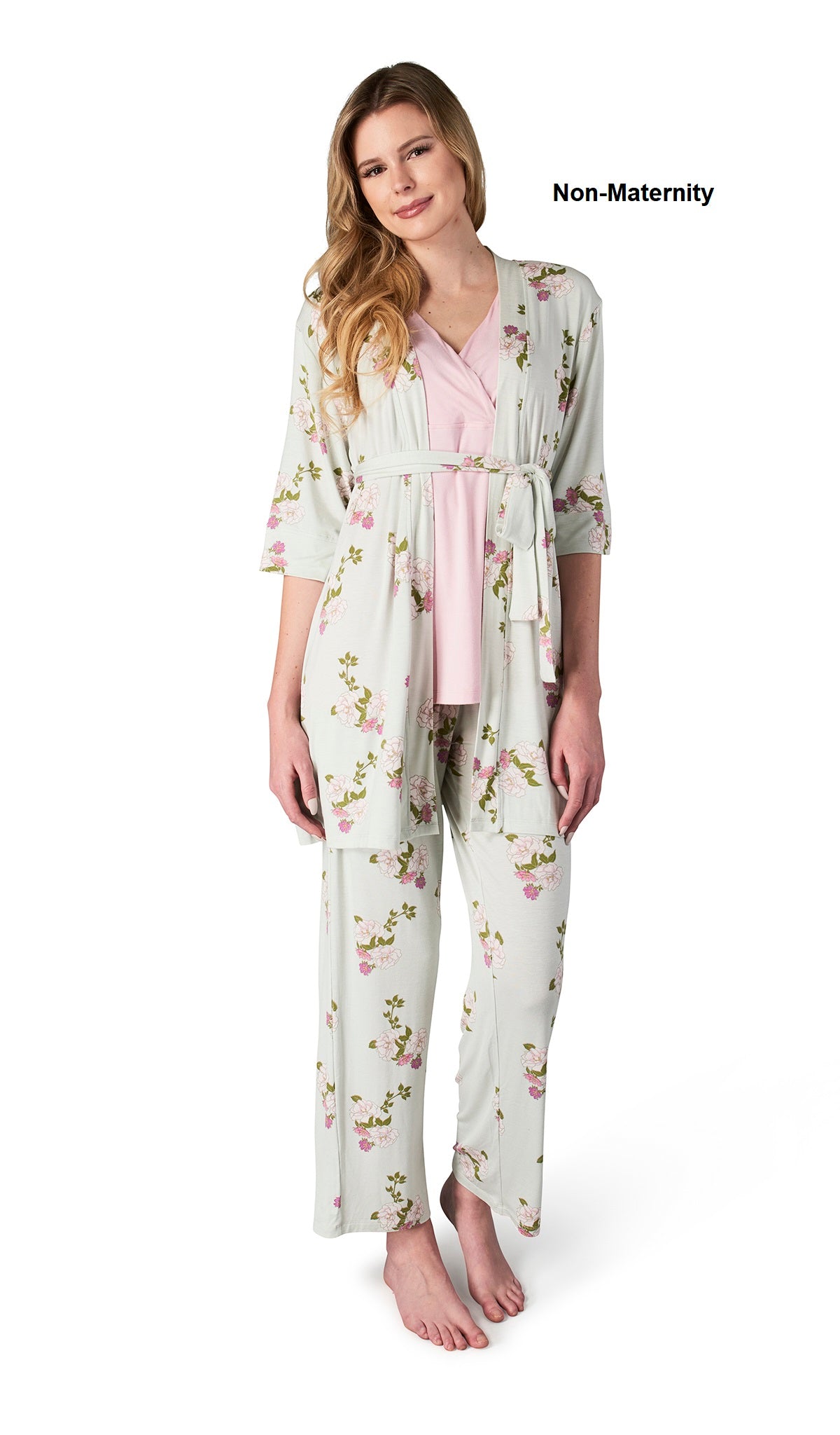 Peony Analise 3-Piece Set. Woman wearing 3/4 sleeve robe, tank top and pant as non-maternity.