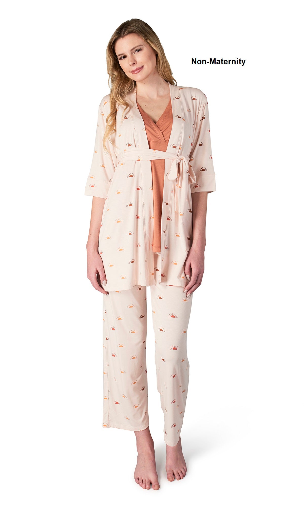 Sunrise Analise 3-Piece Set. Woman wearing 3/4 sleeve robe, tank top and pant as non-maternity.