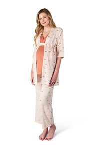 Sunrise Analise 3-Piece Set. Pregnant woman wearing 3/4 sleeve robe, tank top and pant.