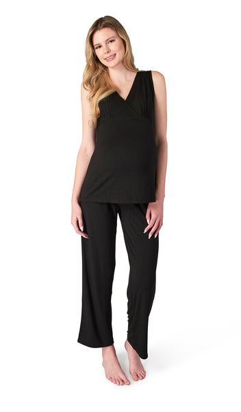 Black Analise 3-Piece Set, pregnant woman wearing criss-cross bust tank top and pant.